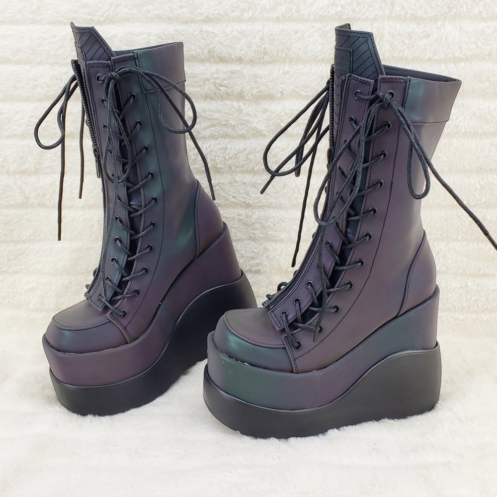 Void Purple Green Reflective Platform Wedge Mid Calf Goth Festival Boots NEW - Picture 17 of 17